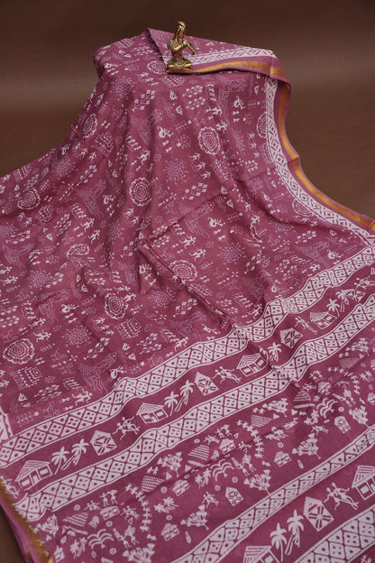 Rustic Charm Handloom cotton Saree – Dusty Rose with Tribal-Inspired Motifs