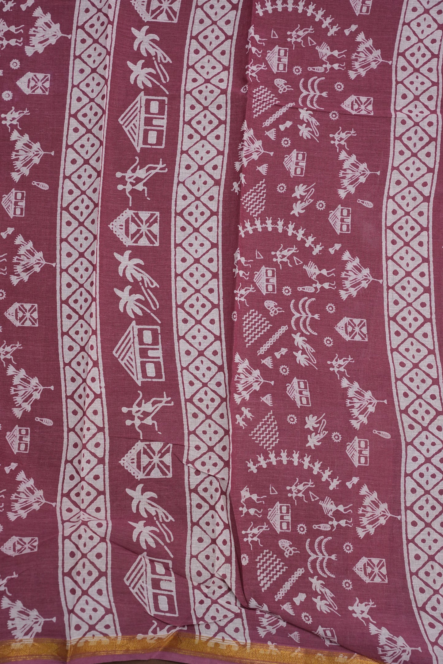 Rustic Charm Handloom cotton Saree – Dusty Rose with Tribal-Inspired Motifs