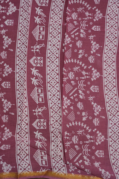 Rustic Charm Handloom cotton Saree – Dusty Rose with Tribal-Inspired Motifs