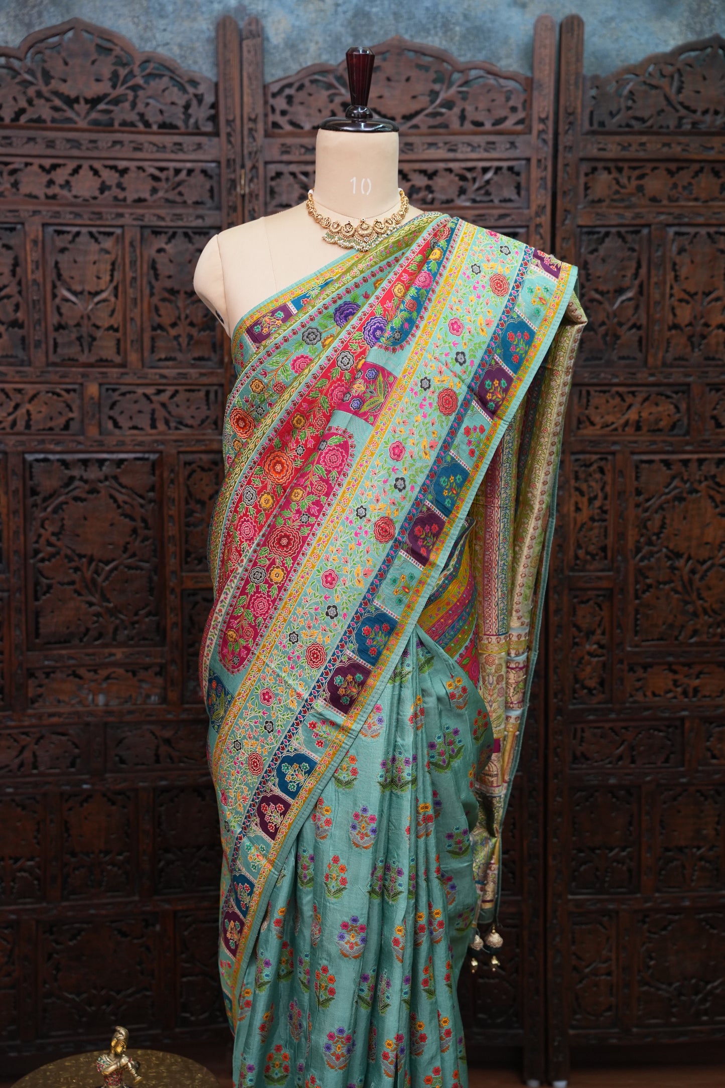 Kashmiri Pashmina Banarasi Story Telling Saree - Multicolor on Sea Green