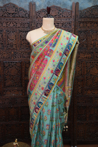 Kashmiri Pashmina Banarasi Story Telling Saree - Multicolor on Sea Green