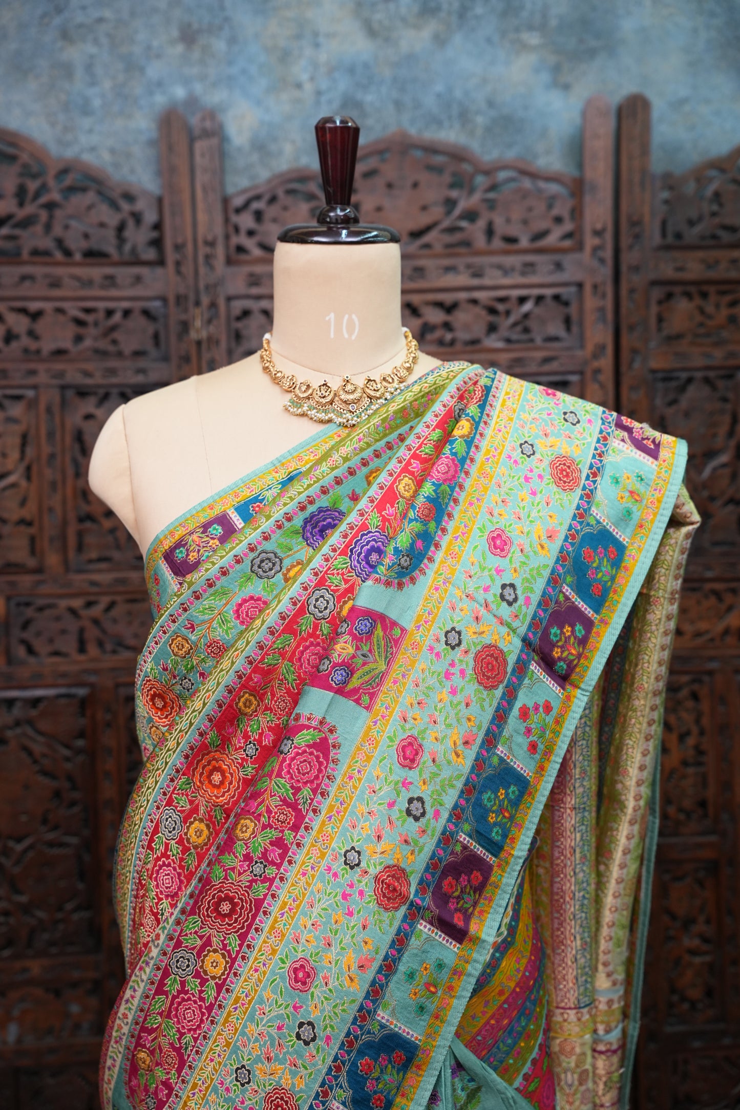 Kashmiri Pashmina Banarasi Story Telling Saree - Multicolor on Sea Green