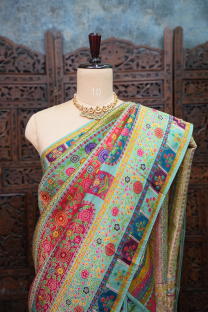 Kashmiri Pashmina Banarasi Story Telling Saree - Multicolor on Sea Green