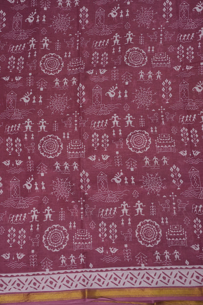 Rustic Charm Handloom cotton Saree – Dusty Rose with Tribal-Inspired Motifs