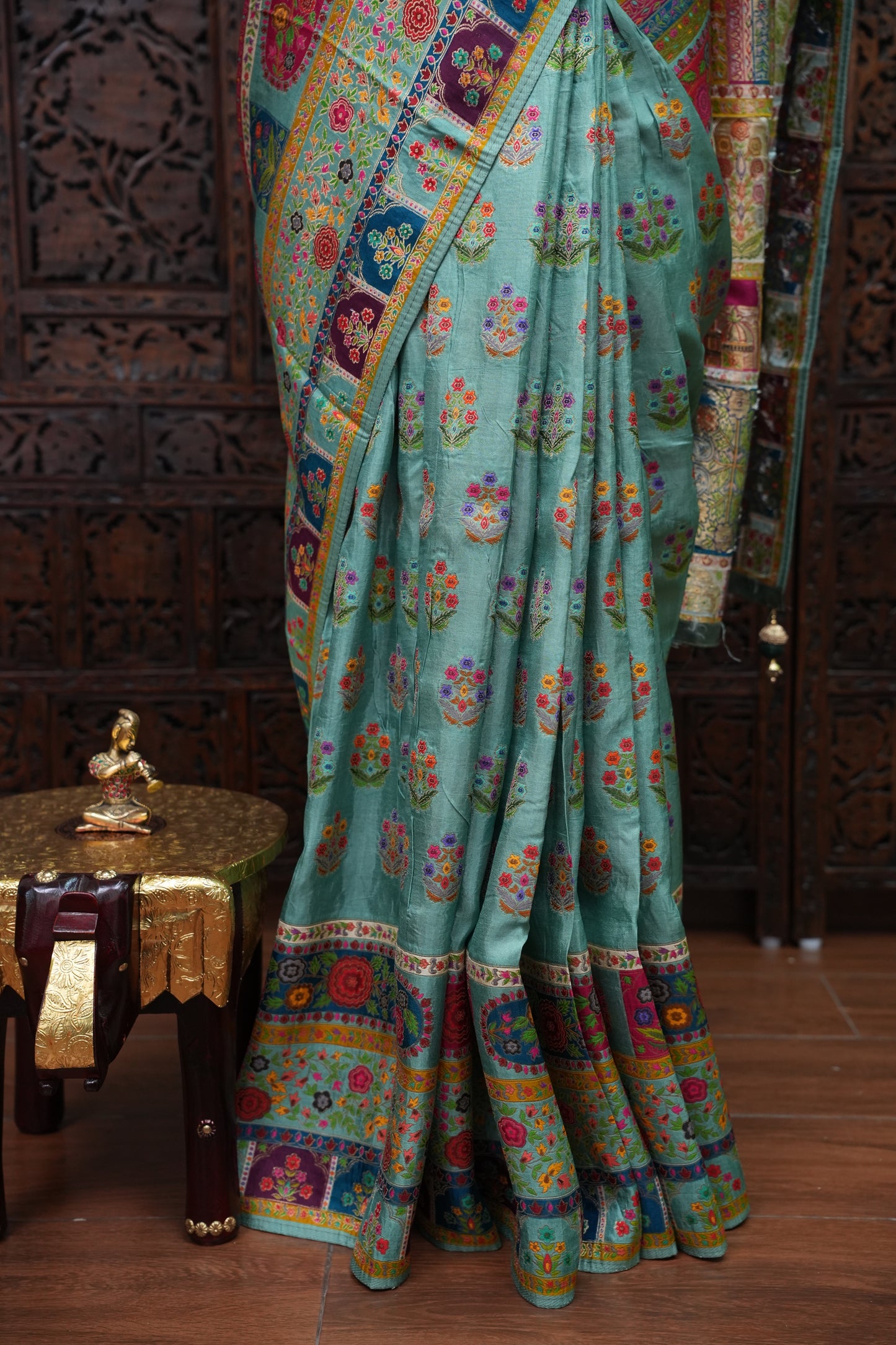 Kashmiri Pashmina Banarasi Story Telling Saree - Multicolor on Sea Green