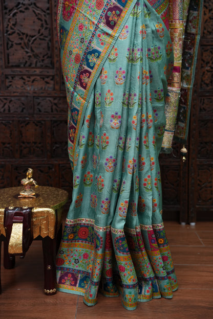 Kashmiri Pashmina Banarasi Story Telling Saree - Multicolor on Sea Green