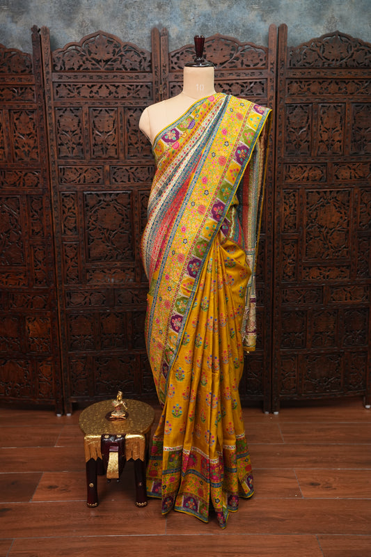 Kashmiri Pashmina Banarasi Story Telling Saree - Multicolor on Yellow
