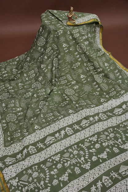 Earthy Elegance Handloom cotton Saree – Olive Green with Tribal Motifs