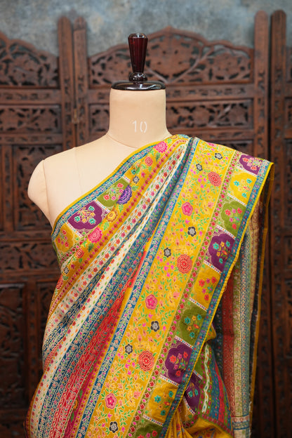 Kashmiri Pashmina Banarasi Story Telling Saree - Multicolor on Yellow