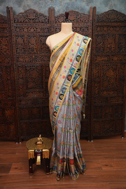 Kashmiri Pashmina Banarasi Story Telling Saree -Multicolor on Grey