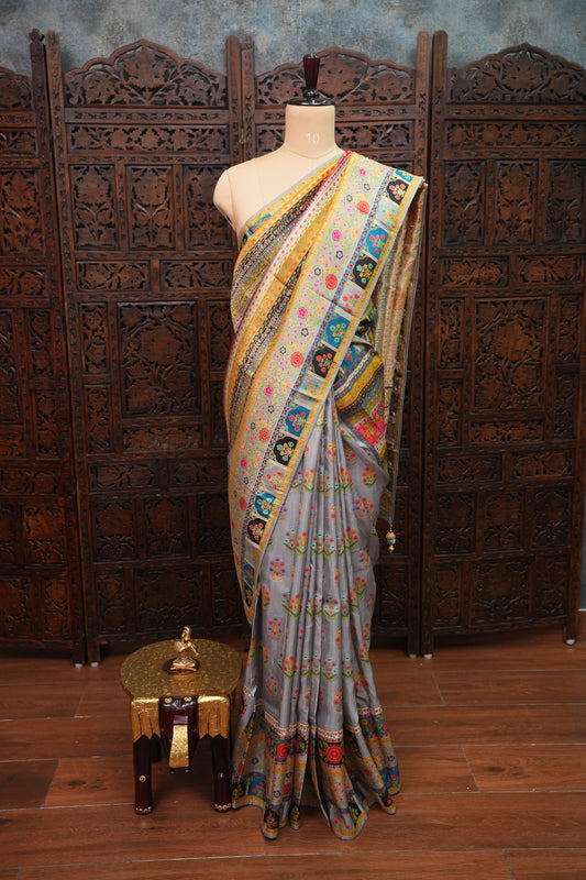 Kashmiri Pashmina Banarasi Story Telling Saree -Multicolor on Grey