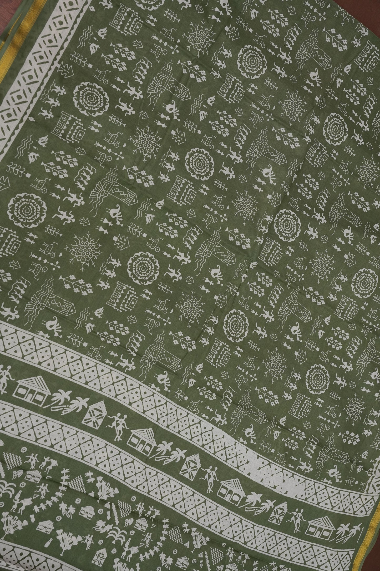 Earthy Elegance Handloom cotton Saree – Olive Green with Tribal Motifs