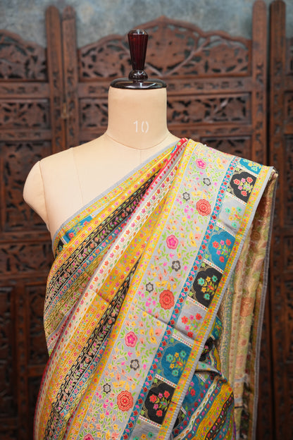 Kashmiri Pashmina Banarasi Story Telling Saree -Multicolor on Grey