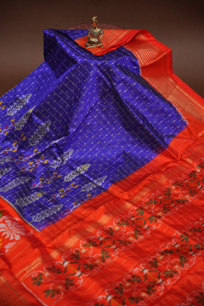 Pure Ikkat Soft Silk Saree - Blue & Orange