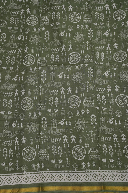 Earthy Elegance Handloom cotton Saree – Olive Green with Tribal Motifs