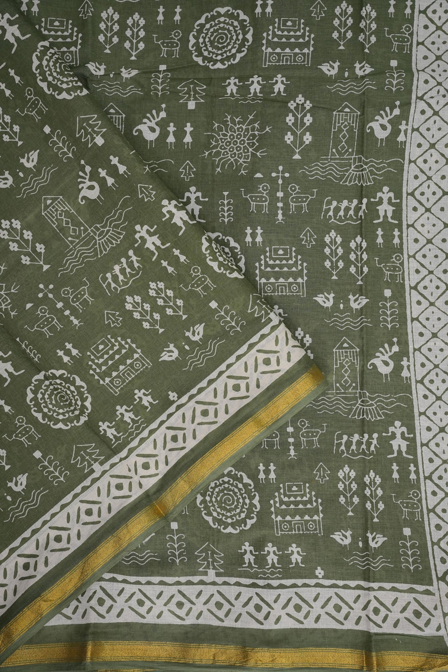 Earthy Elegance Handloom cotton Saree – Olive Green with Tribal Motifs