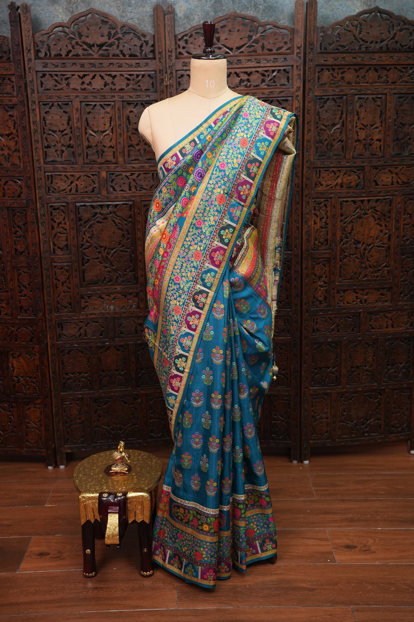 Kashmiri Pashmina Banarasi Story Telling Saree -Multicolor on Teal Blue
