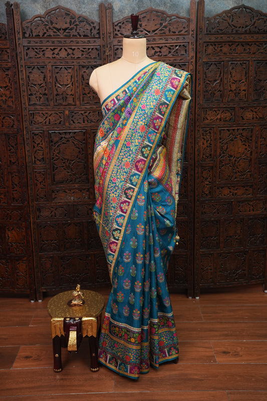 Kashmiri Pashmina Banarasi Story Telling Saree -Multicolor on Teal Blue