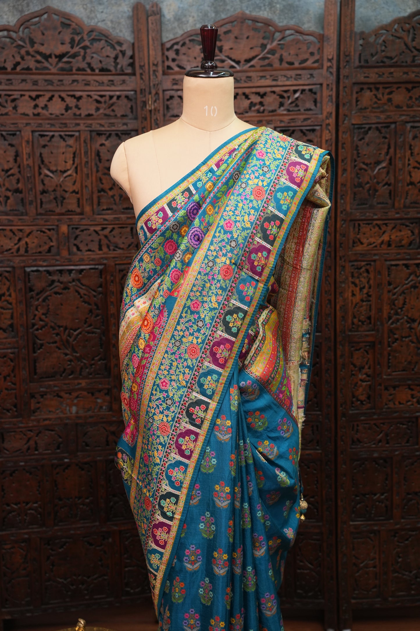 Kashmiri Pashmina Banarasi Story Telling Saree -Multicolor on Teal Blue