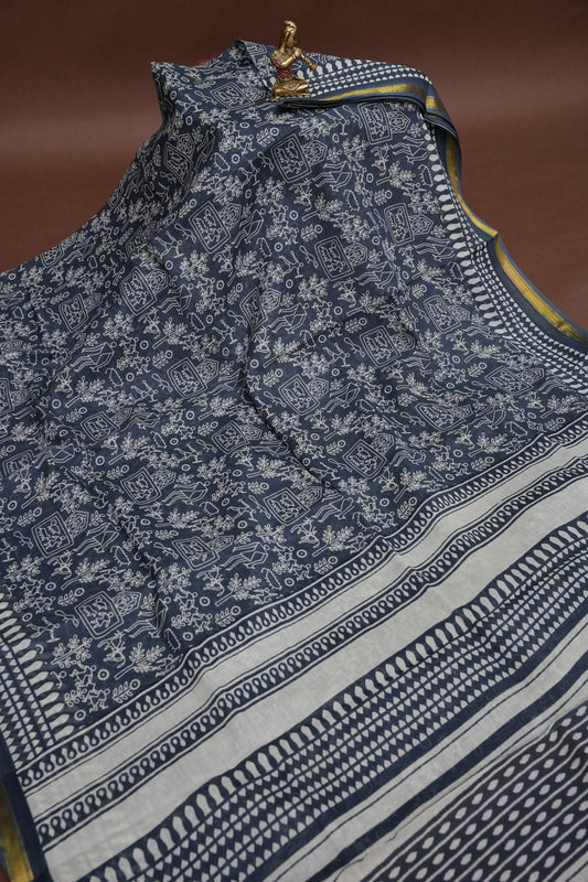 Indigo Grey Handloom cotton Saree – Tribal Motifs with Contemporary Stripes