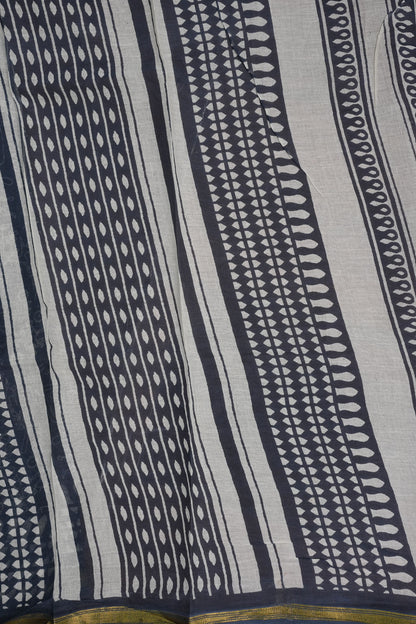 Indigo Grey Handloom cotton Saree – Tribal Motifs with Contemporary Stripes