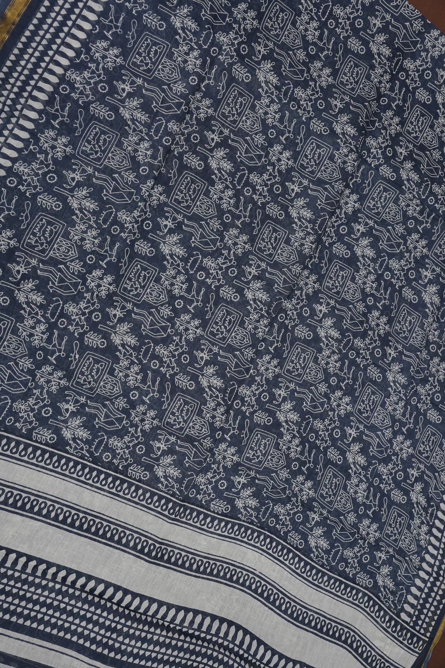 Indigo Grey Handloom cotton Saree – Tribal Motifs with Contemporary Stripes