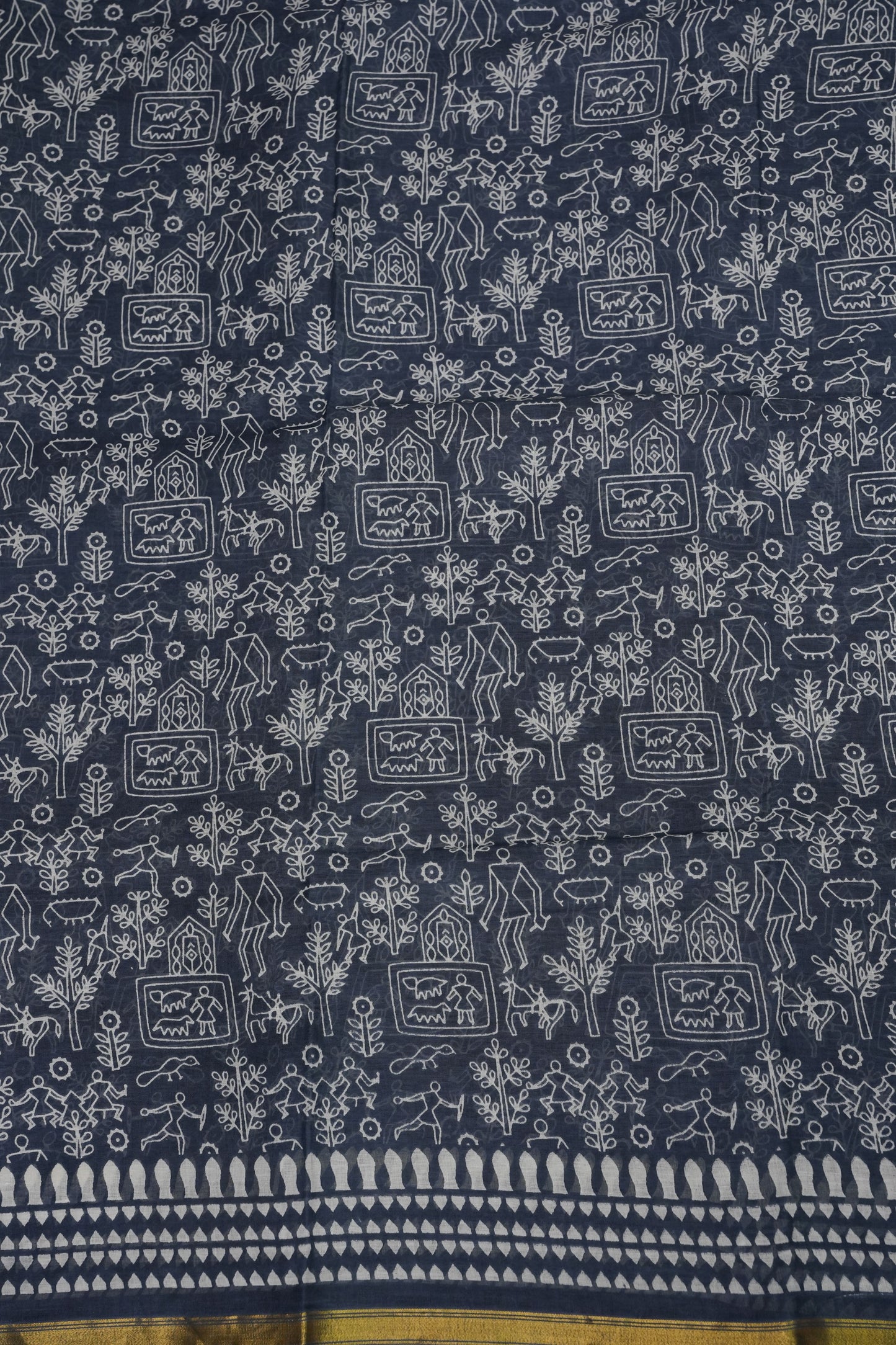 Indigo Grey Handloom cotton Saree – Tribal Motifs with Contemporary Stripes