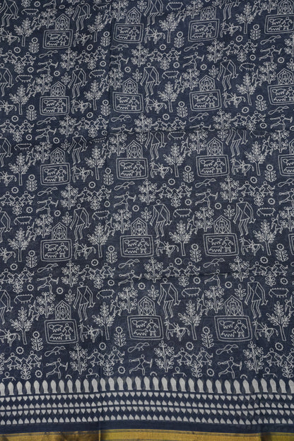 Indigo Grey Handloom cotton Saree – Tribal Motifs with Contemporary Stripes