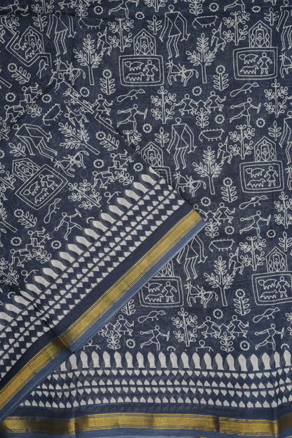 Indigo Grey Handloom cotton Saree – Tribal Motifs with Contemporary Stripes