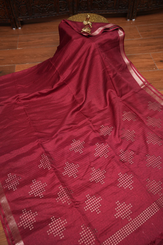 Linen Tussar Silk Saree – Deep Red