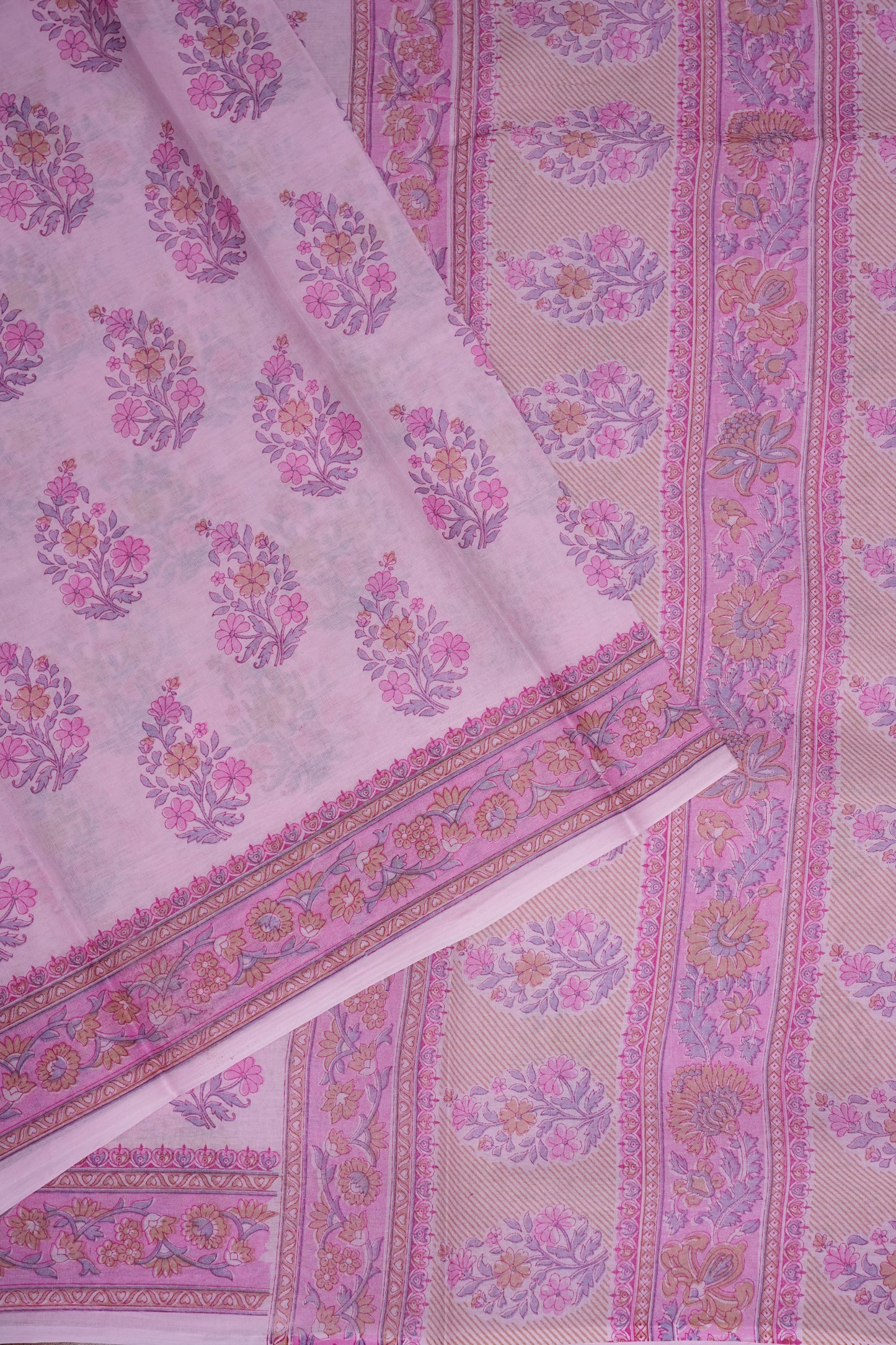 Soft Pastel Floral cotton Saree – Blush Pink with Delicate Multicolour Buttas