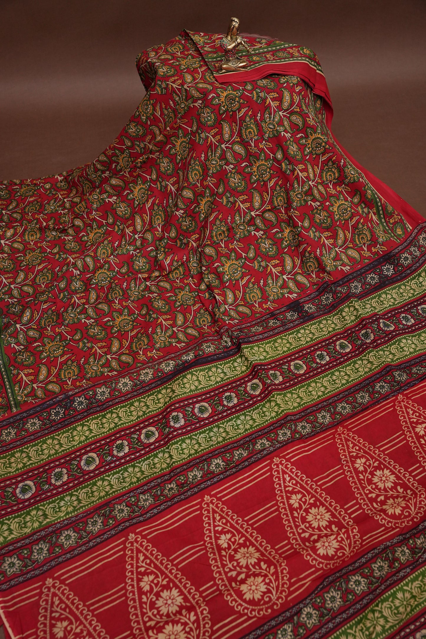 Traditional Kalamkari Style cotton Saree – Deep Red with Intricate Floral & Border Design