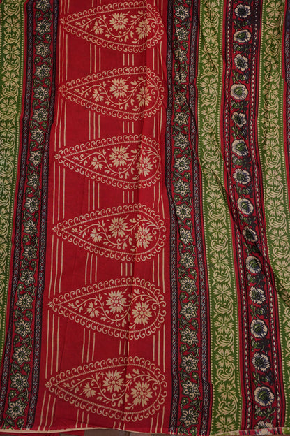 Traditional Kalamkari Style cotton Saree – Deep Red with Intricate Floral & Border Design