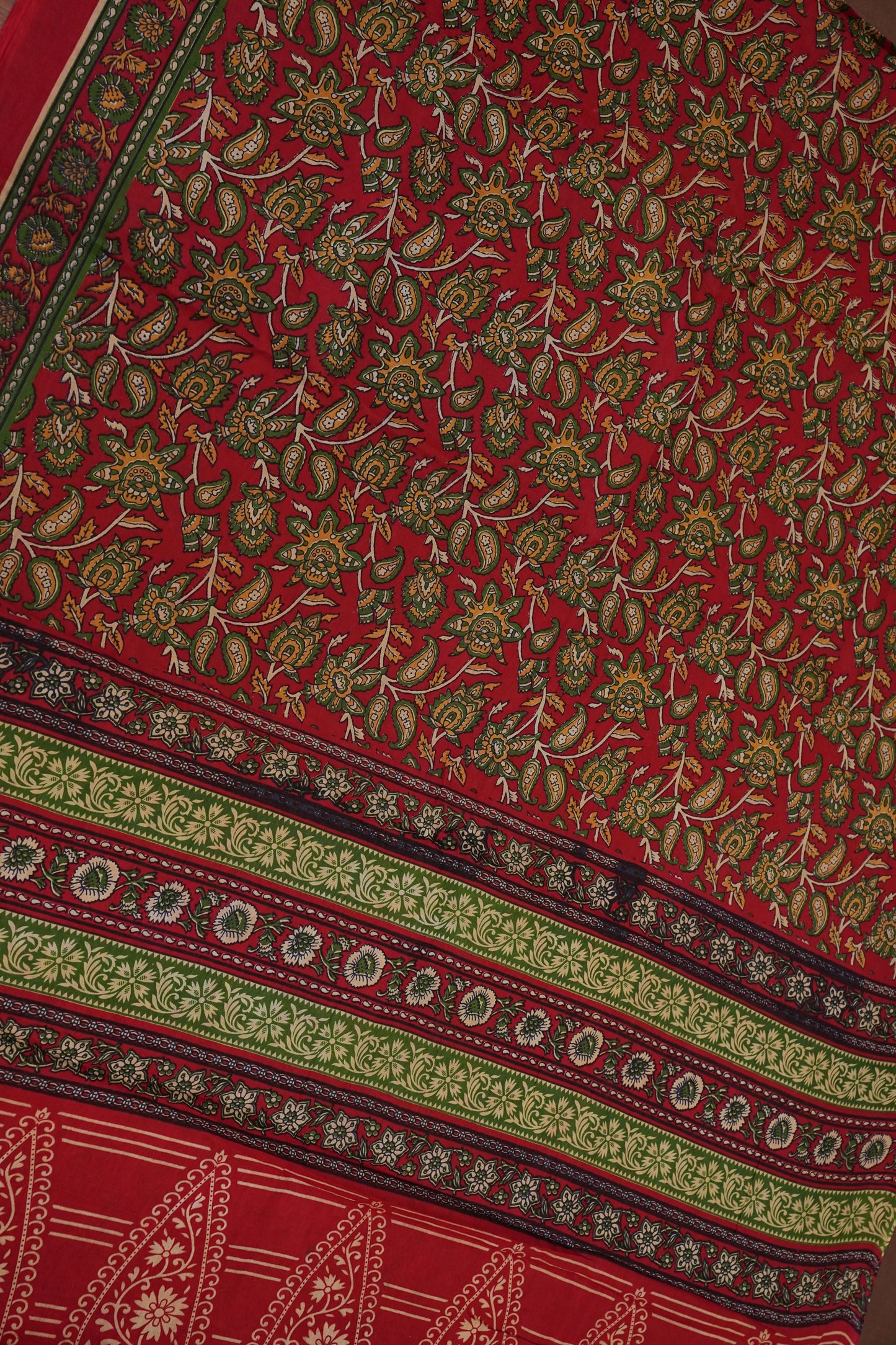 Traditional Kalamkari Style cotton Saree – Deep Red with Intricate Floral & Border Design