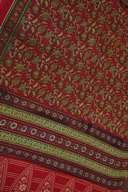 Traditional Kalamkari Style cotton Saree – Deep Red with Intricate Floral & Border Design