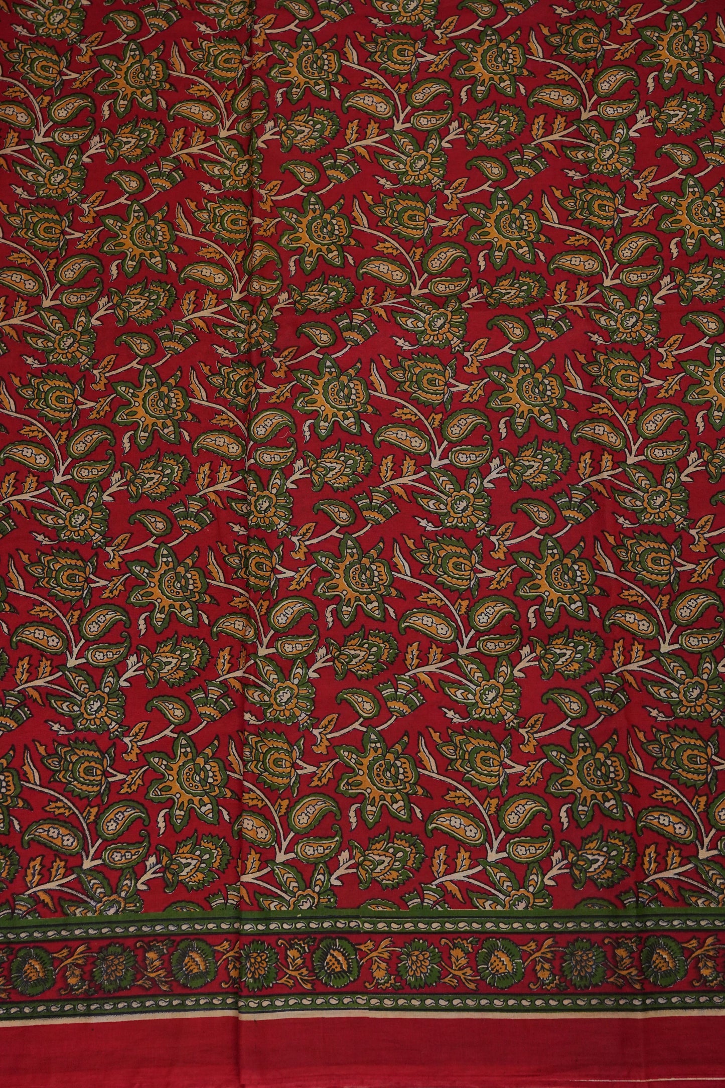 Traditional Kalamkari Style cotton Saree – Deep Red with Intricate Floral & Border Design