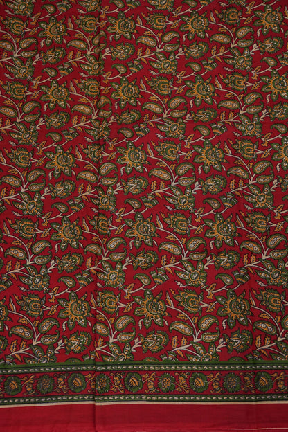 Traditional Kalamkari Style cotton Saree – Deep Red with Intricate Floral & Border Design