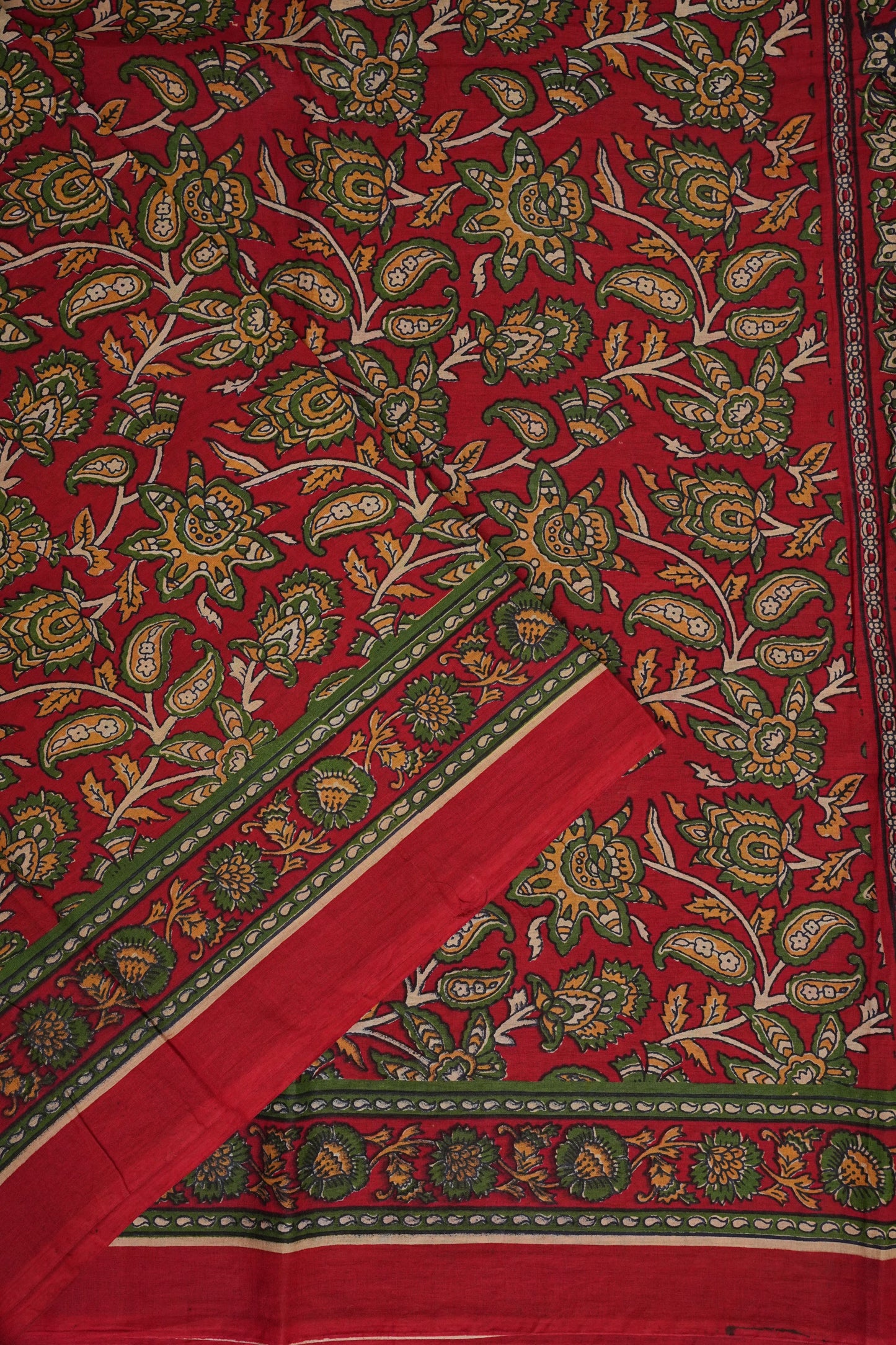 Traditional Kalamkari Style cotton Saree – Deep Red with Intricate Floral & Border Design