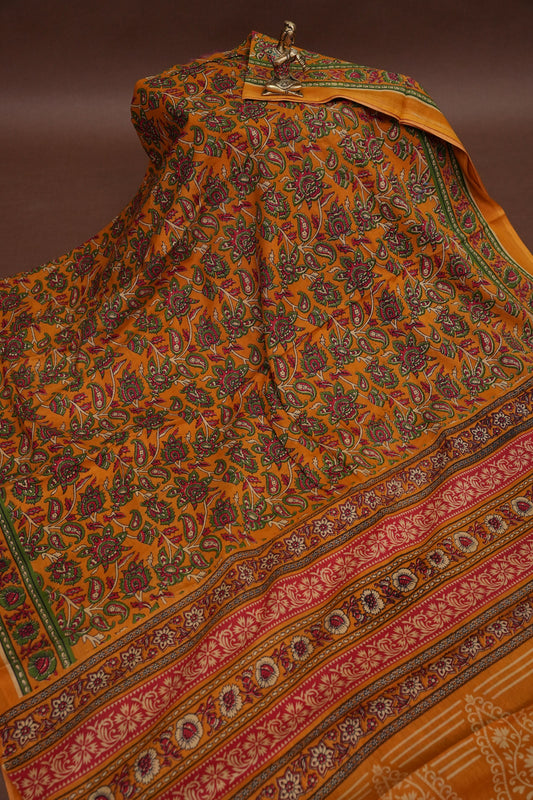 Kalamkari Inspired Cotton Saree – Mustard Yellow with Floral Heritage Prints