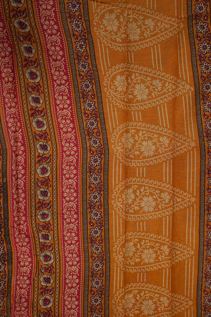 Kalamkari Inspired Cotton Saree – Mustard Yellow with Floral Heritage Prints