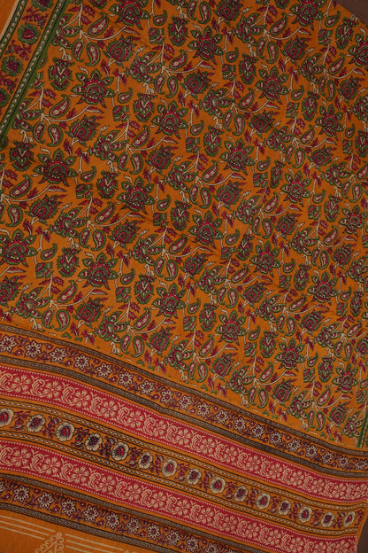 Kalamkari Inspired Cotton Saree – Mustard Yellow with Floral Heritage Prints