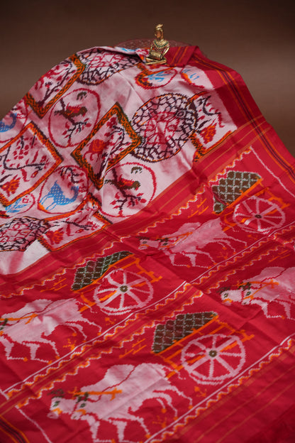 Pure Ikkat Soft Silk Saree - Baby Pink & Red
