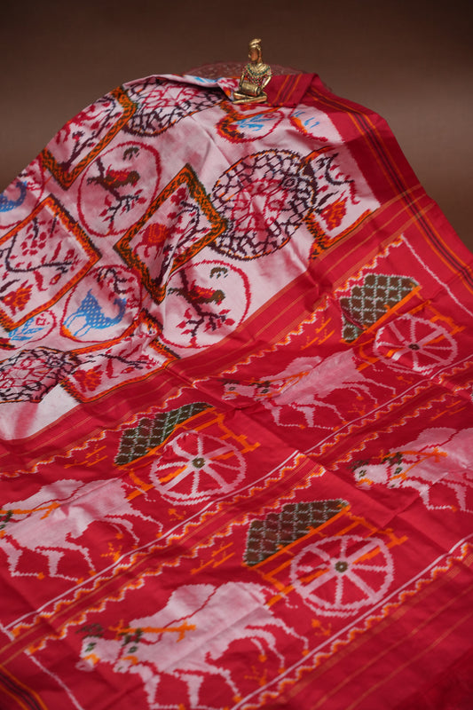 Pure Ikkat Soft Silk Saree - Baby Pink & Red