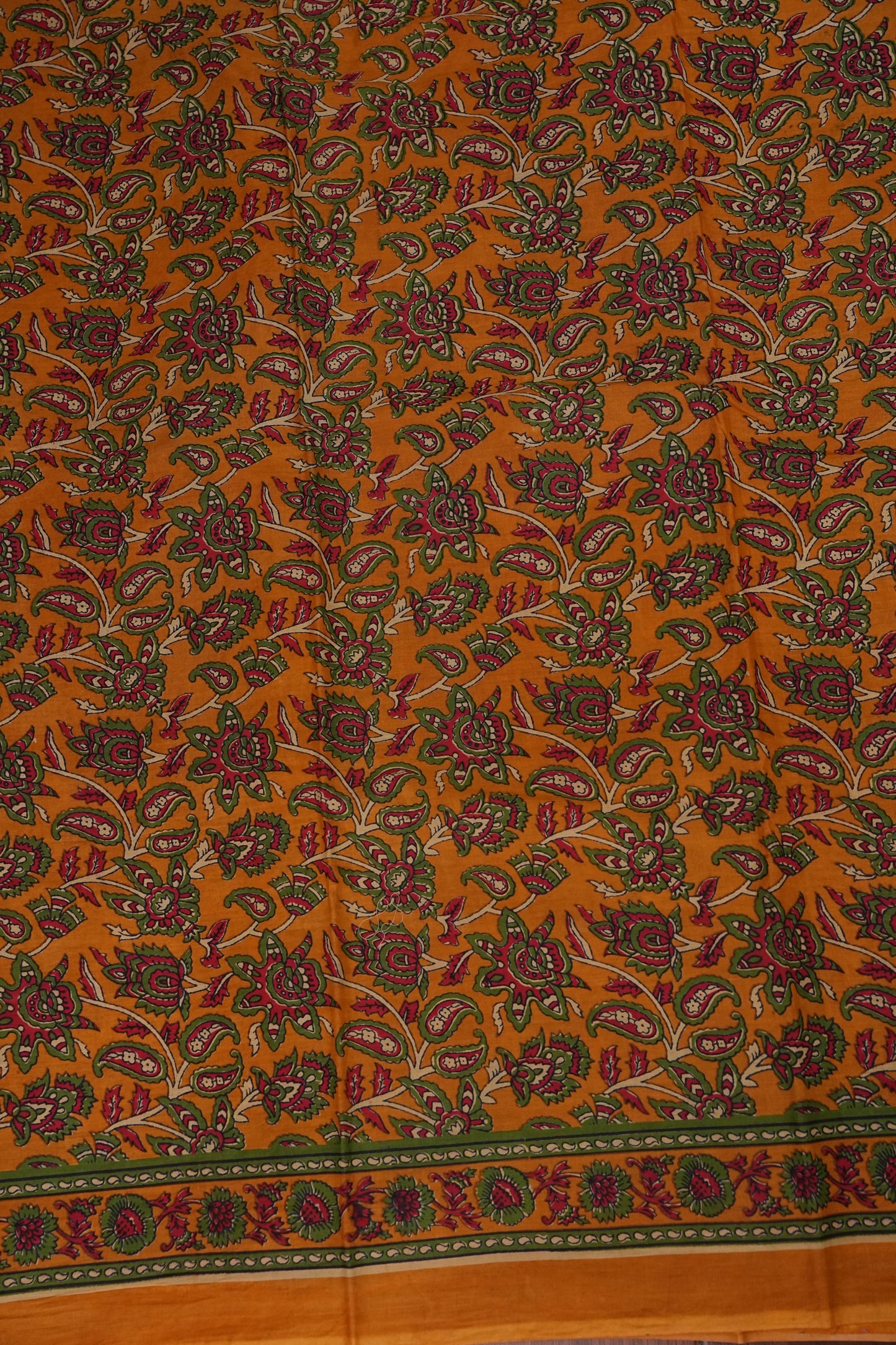 Kalamkari Inspired Cotton Saree – Mustard Yellow with Floral Heritage Prints