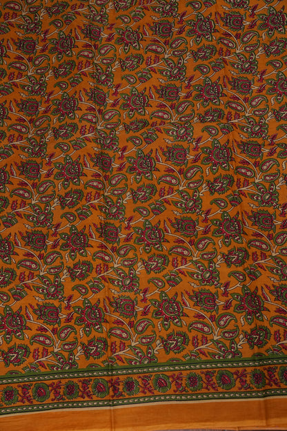 Kalamkari Inspired Cotton Saree – Mustard Yellow with Floral Heritage Prints