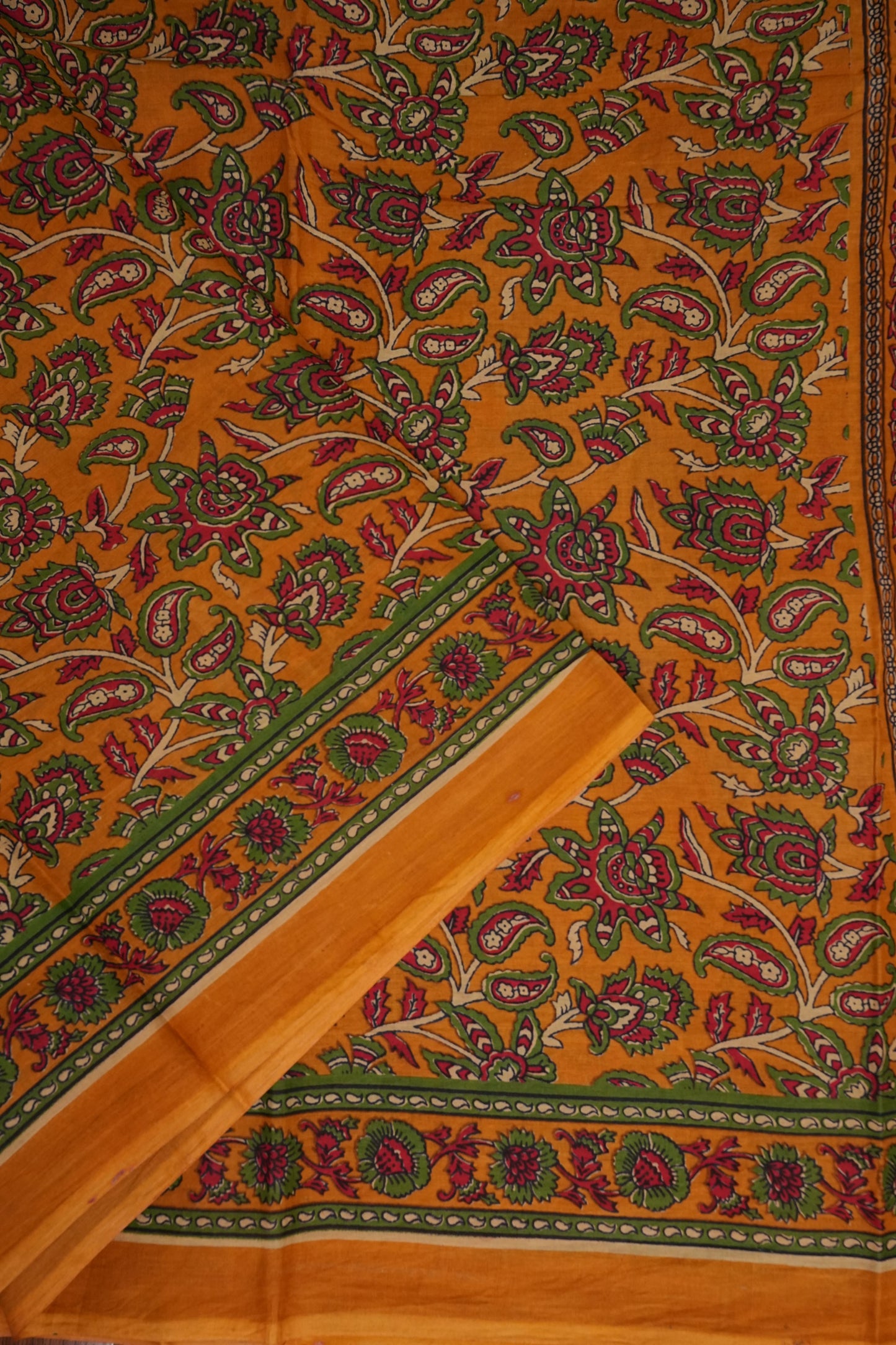 Kalamkari Inspired Cotton Saree – Mustard Yellow with Floral Heritage Prints