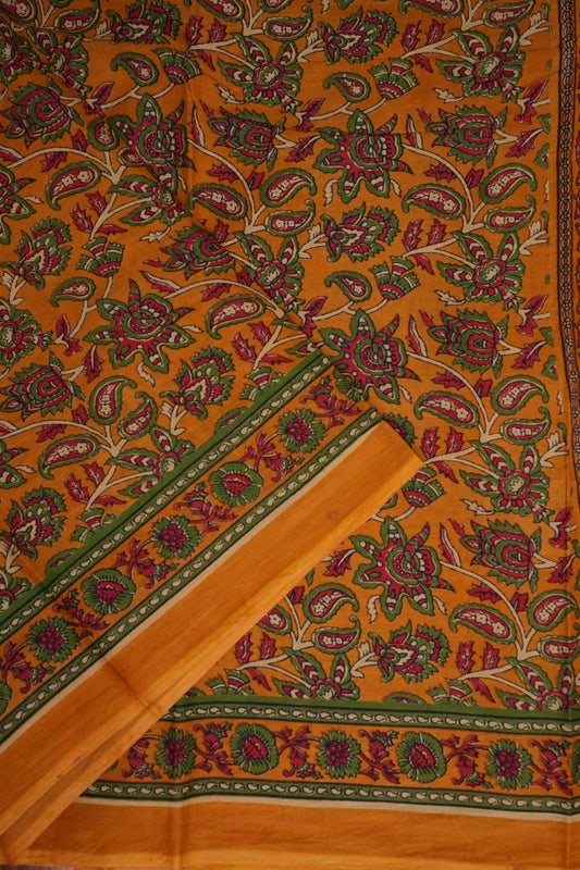 Kalamkari Inspired Cotton Saree – Mustard Yellow with Floral Heritage Prints