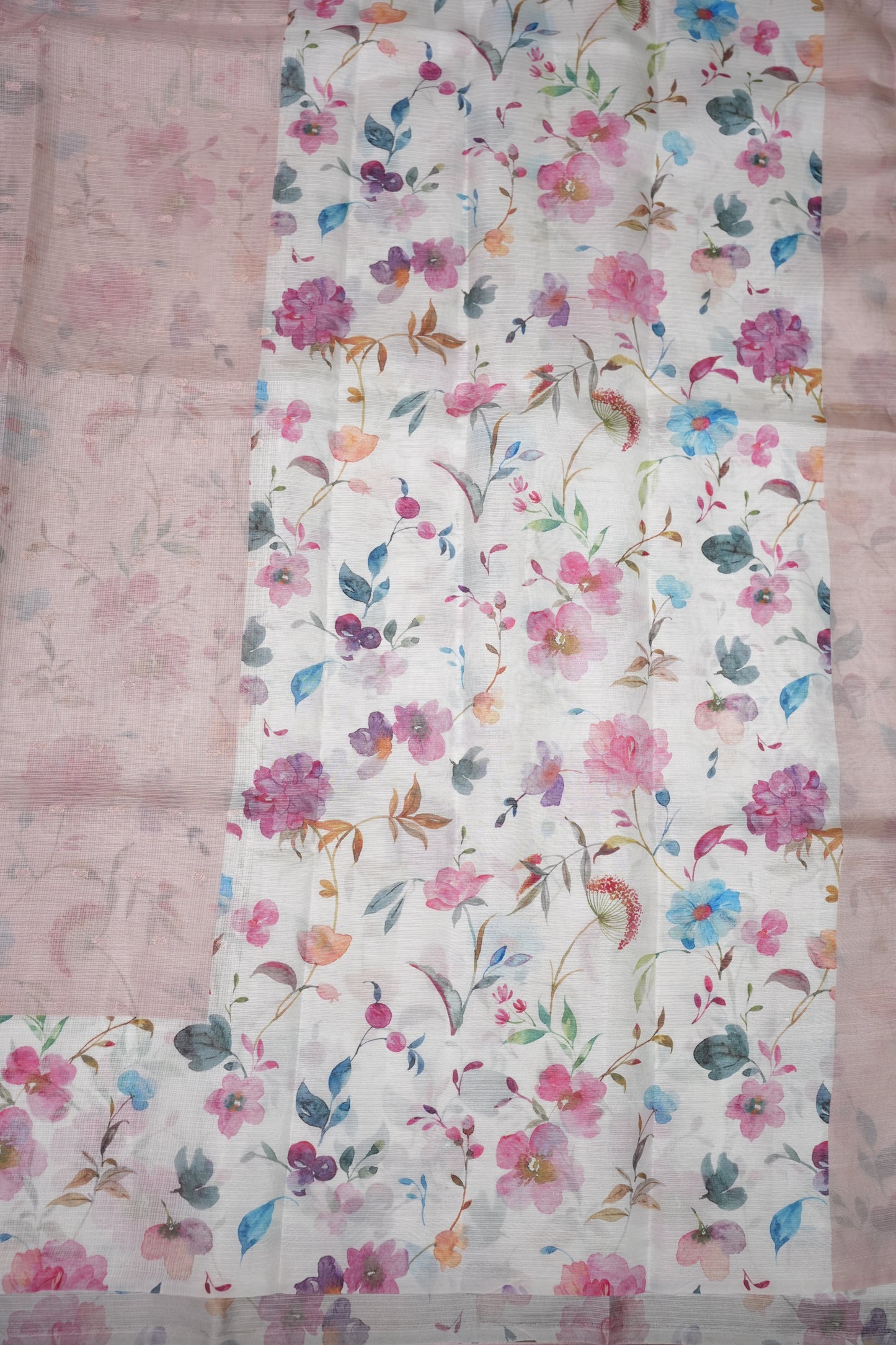 Kota Checks Saree with Floral Digital Print – Blush Pink