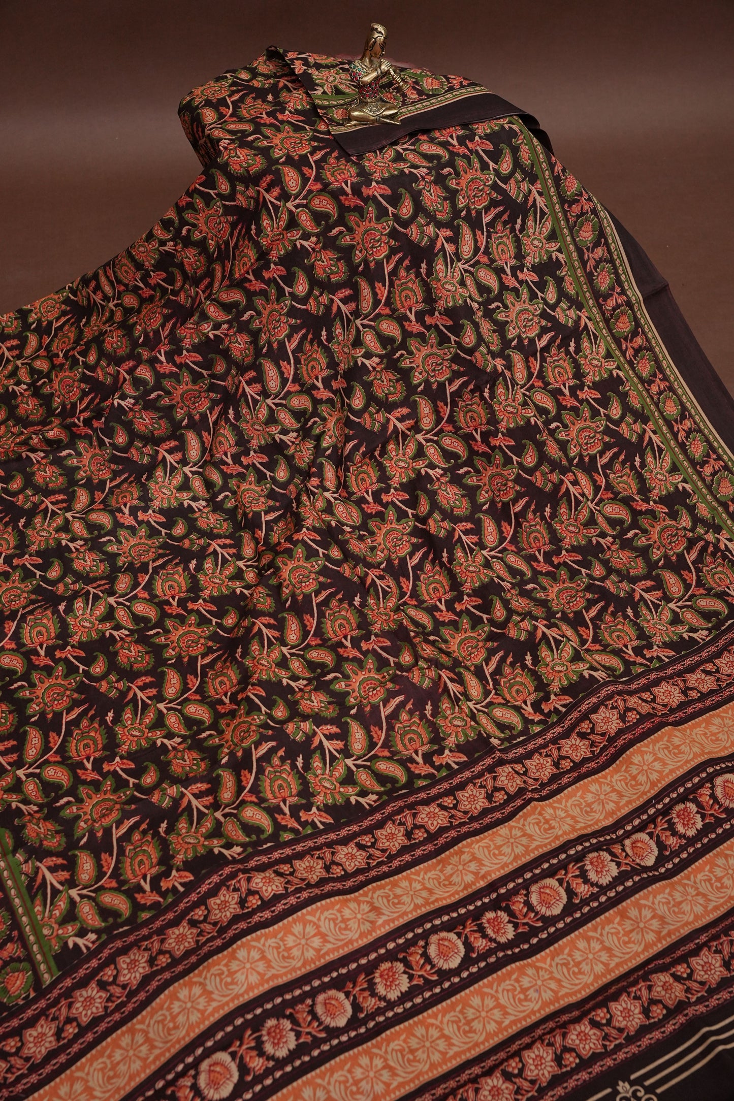 Kalamkari Inspired Cotton Saree – Deep Black with Earthy Floral Heritage Motifs