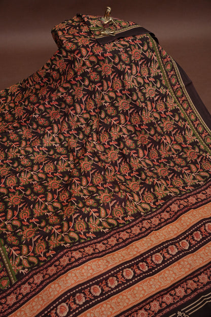 Kalamkari Inspired Cotton Saree – Deep Black with Earthy Floral Heritage Motifs
